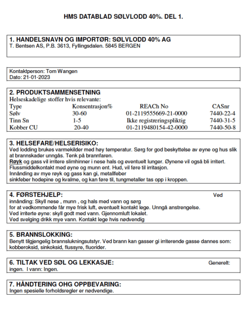 SIKKERHETS DATABLAD SØLVLODD 40%.