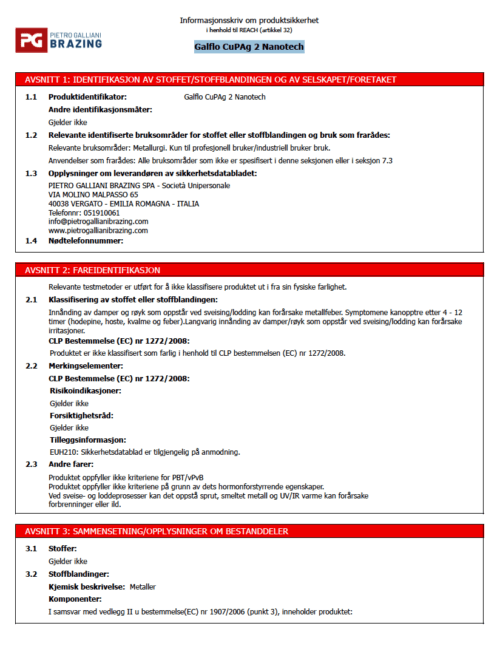SIKKERHETS DATABLAD Galflo CuPAg 2 Nanotech