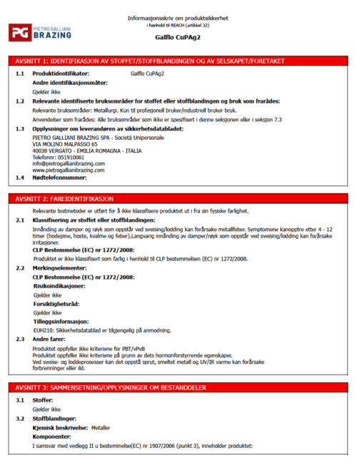 SIKKERHETS DATABLAD Galflo CuPAg2